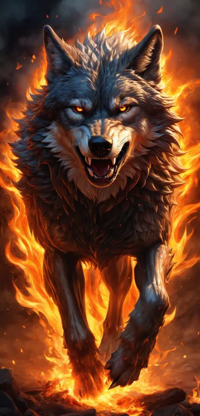 A fiery wolf surrounded by flames, creating a dramatic mobile wallpaper.