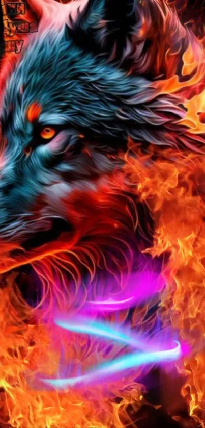 Fiery wolf with colorful flames background.