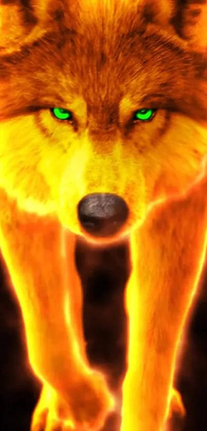 Fiery wolf with glowing green eyes mobile wallpaper.