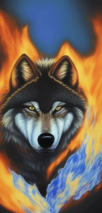 Fiery wolf with blue flame on a dark background.