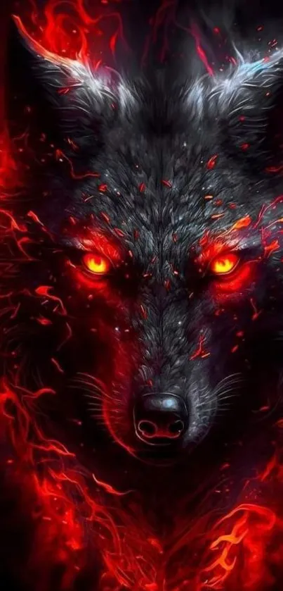 Fiery black wolf with red flames in mobile wallpaper.