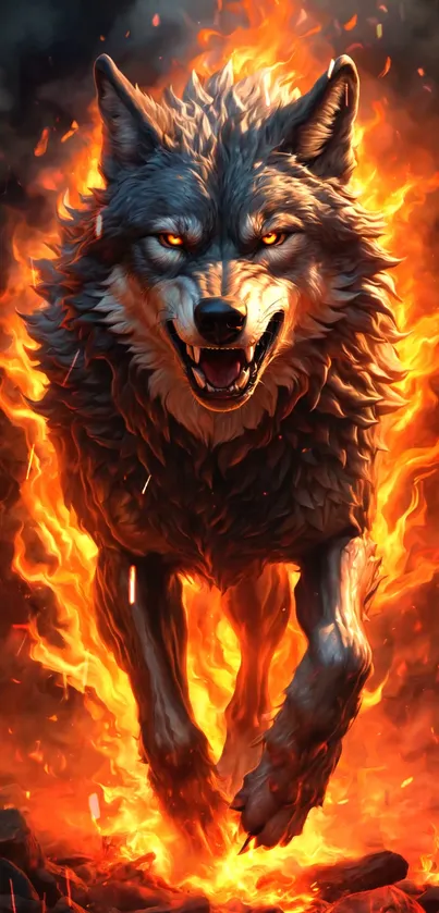 Dynamic image of a wolf surrounded by flames for mobile wallpaper.