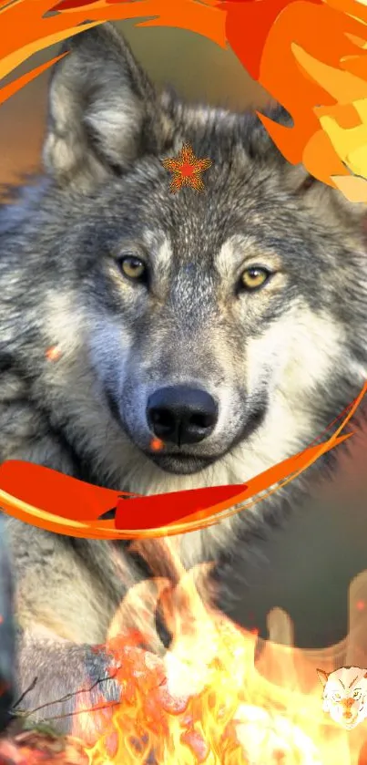 Majestic wolf surrounded by vibrant orange flames.