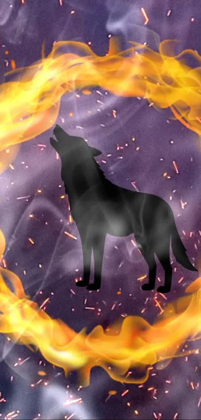 Fiery wolf silhouette with flames and starry night backdrop.