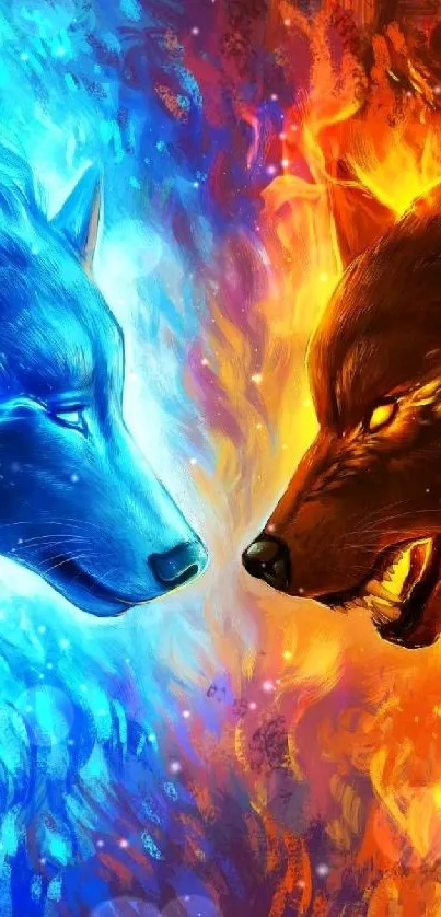 Dramatic wallpaper of fire and ice wolves facing off.