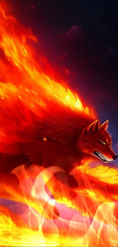 A fiery wolf in motion, surrounded by dynamic flames against a dark background.