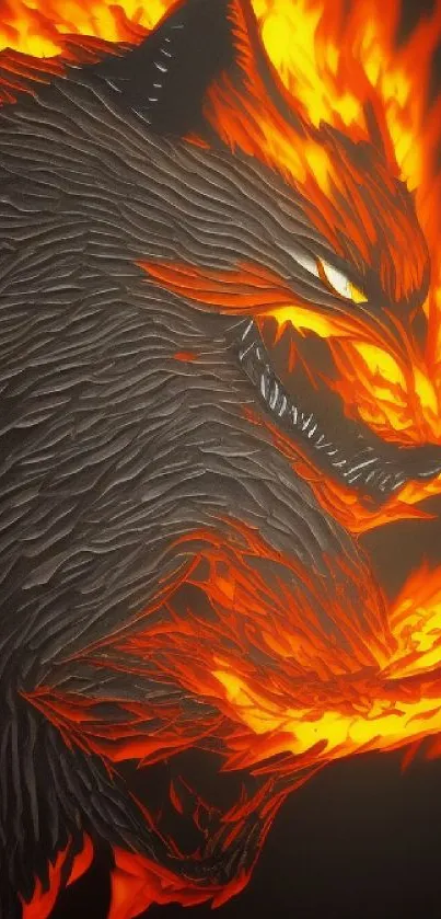 Fiery wolf with glowing flames on a dark background mobile wallpaper.