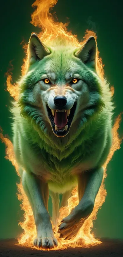 Fiery wolf in flames on green background mobile wallpaper.