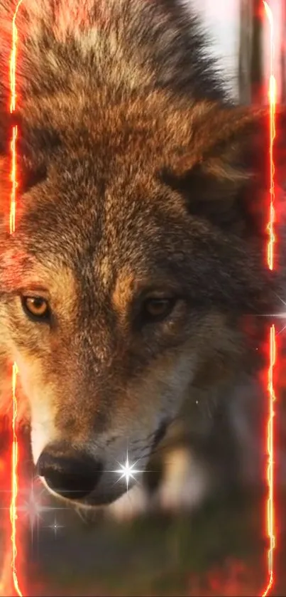 Majestic wolf surrounded by vibrant flames.