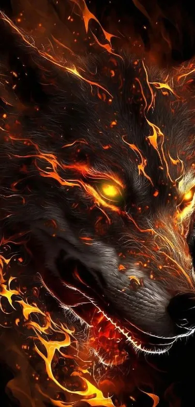 Fiery wolf with glowing eyes mobile wallpaper.