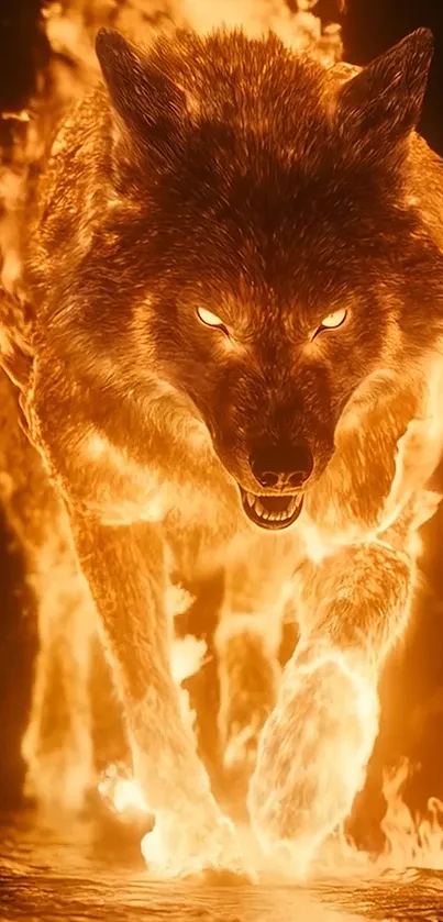 Vibrant fiery wolf with burning fur against a dark background.