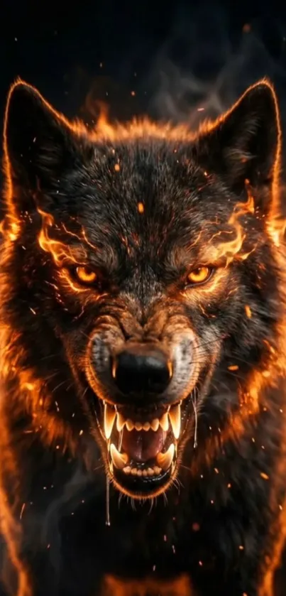 A fierce wolf engulfed in fiery flames.