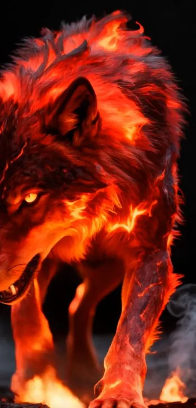 A fierce, fiery wolf surrounded by flames and smoke.