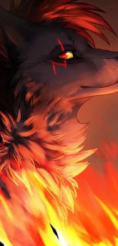 Fiery wolf with red-orange flames in artistic mobile wallpaper.