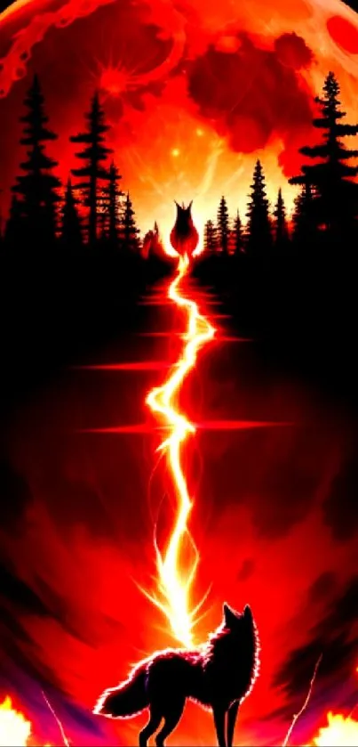 Wolf silhouetted against fiery red moon with forest and lightning.