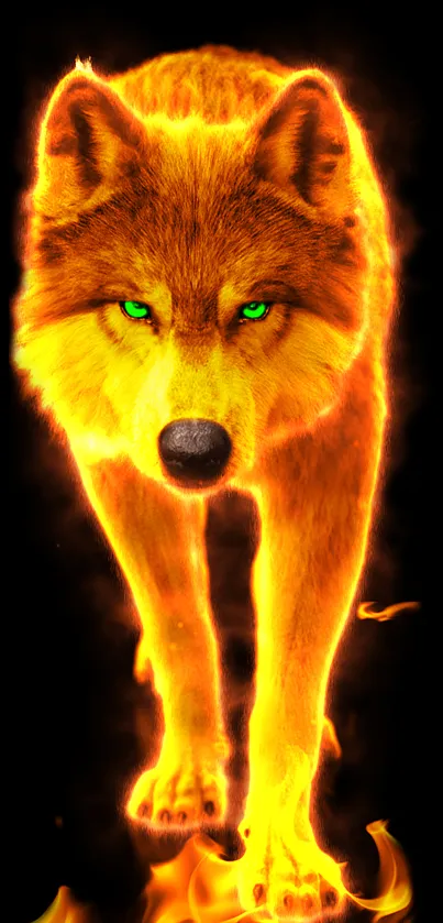 Fiery wolf with glowing green eyes against a dark background.