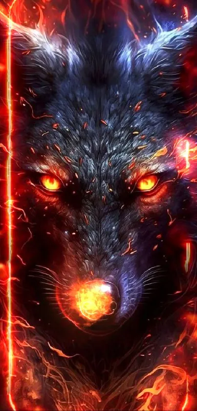 Fiery wolf with glowing eyes and flames on phone wallpaper.