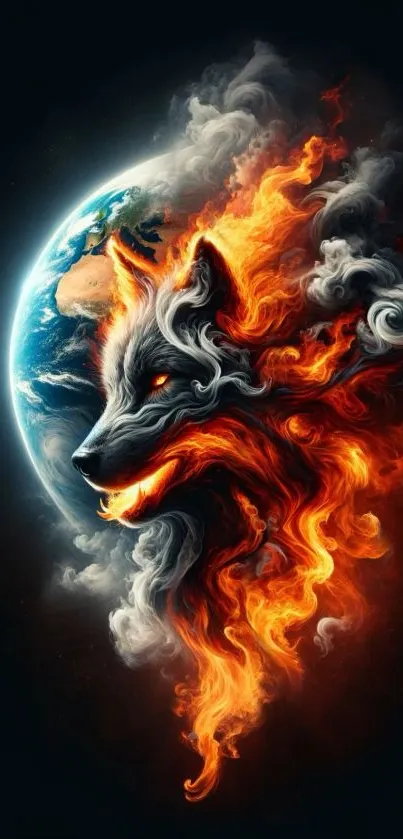 A fiery wolf intertwined with a planet in a stunning mobile wallpaper.