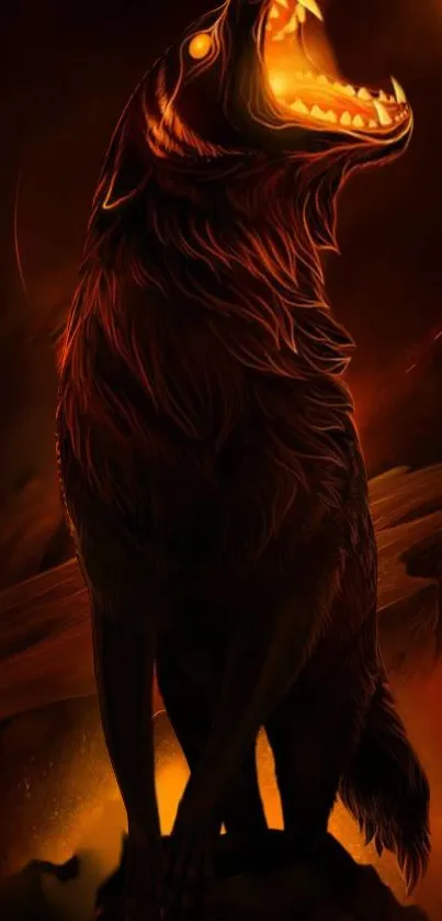 Fiery wolf silhouette with glowing effect on a dark mobile wallpaper.