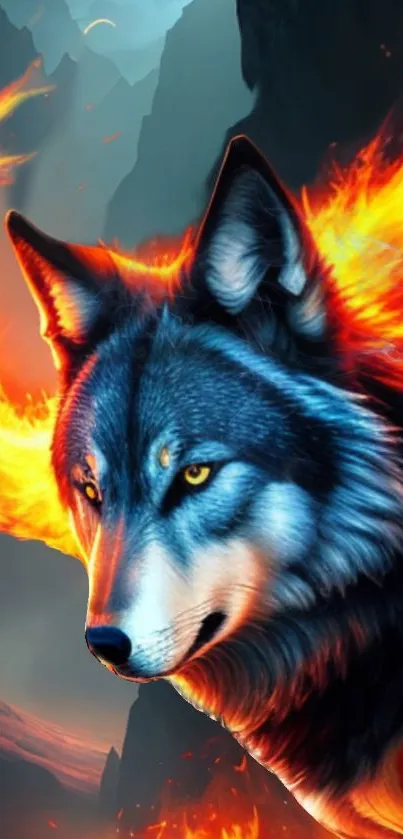 Fiery wolf with orange flames in digital wallpaper design.