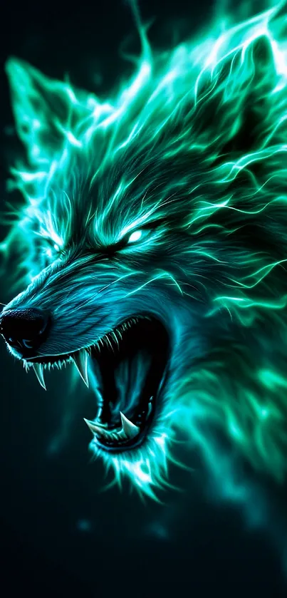 Fiery teal wolf spirit with glowing energy aura.