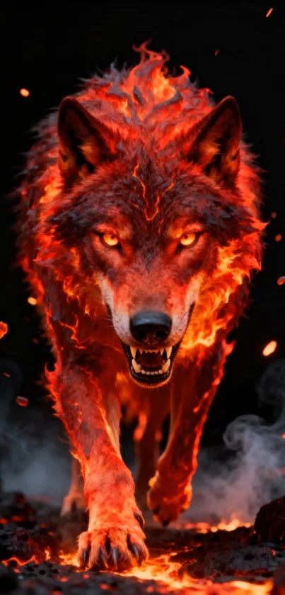 Fiery wolf with flames as a mobile wallpaper.