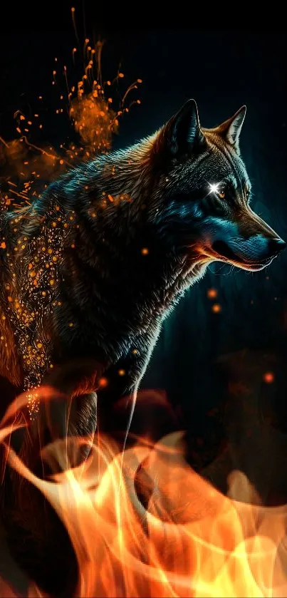 Artistic mobile wallpaper of a wolf surrounded by flames.