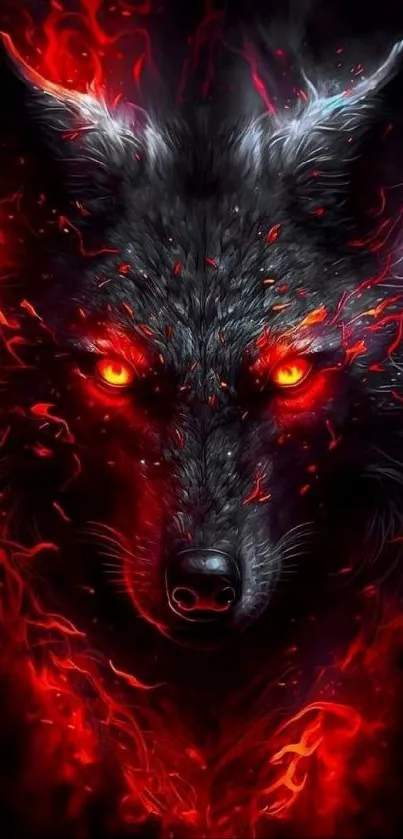 Fiery wolf with glowing red flames on a dark background.