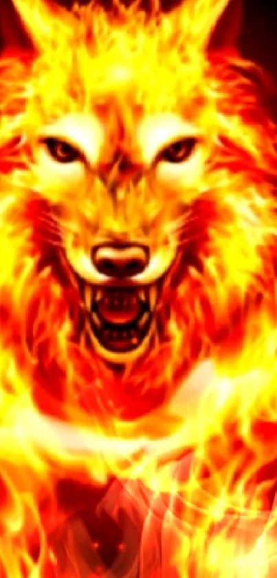 Fiery wolf emerging from flames, vivid and dynamic artwork.