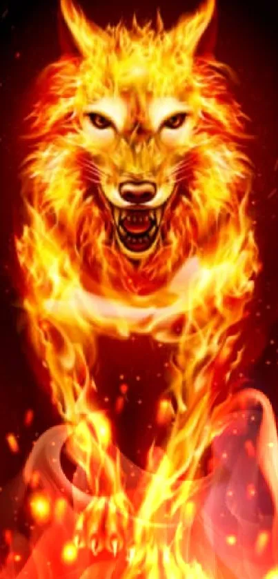 Fiery wolf running with vibrant flames.