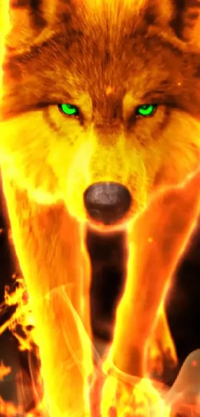 Fiery wolf with green eyes in vibrant orange flames.