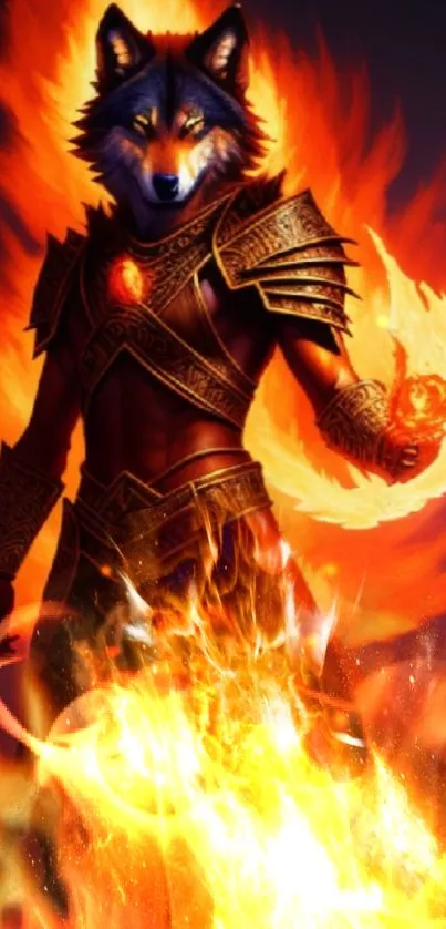 Fiery wolf warrior with flames on mobile wallpaper.