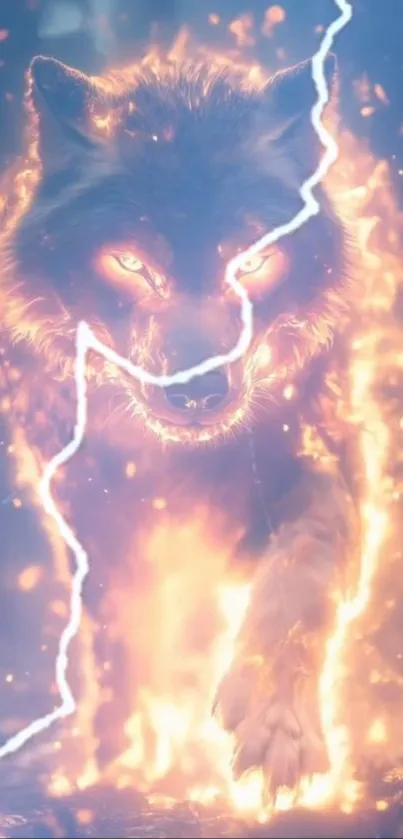 Fiery wolf with electric strike wallpaper, glowing intensely.