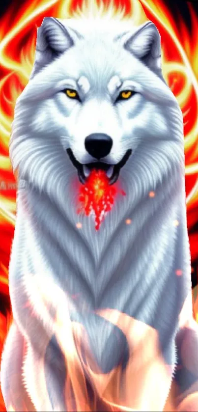 Majestic white wolf with fiery aura surrounded by flames.
