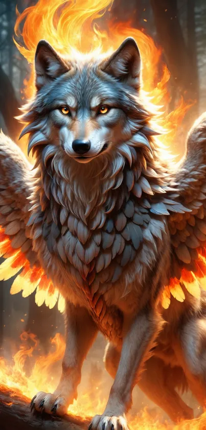 Winged wolf with fiery wings in a mystical forest setting.