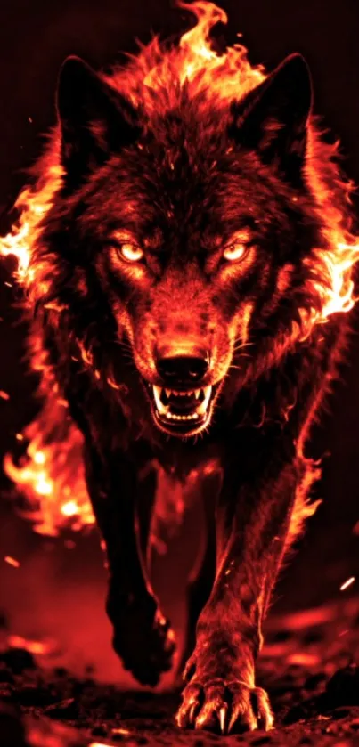 Fiery wolf walking with flames surrounding it in dramatic wallpaper.