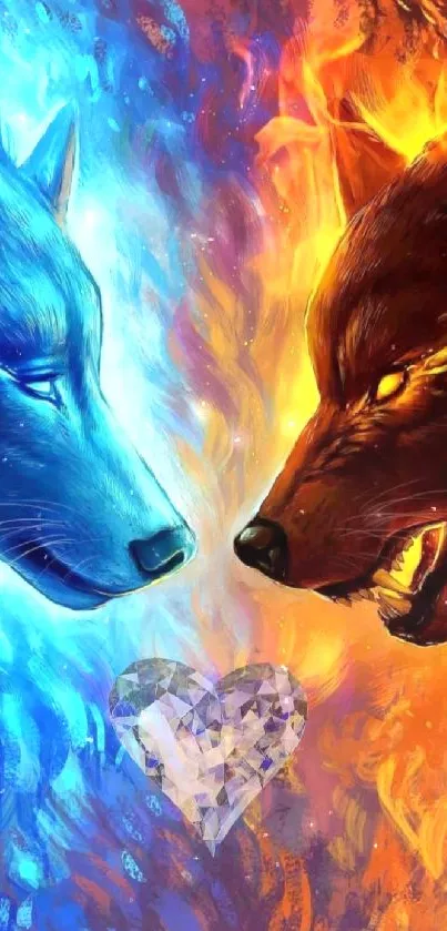 Fiery and icy wolves with heart in center