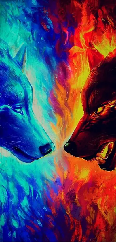 Fiery and icy wolves facing off on a vibrant, colorful background.