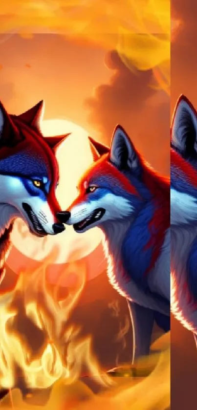 Two wolves face off amid flames and a sunset glow.