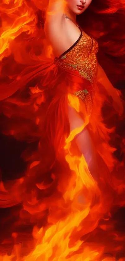 Fiery woman surrounded by vibrant orange flames.