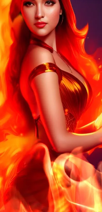 Fiery woman art wallpaper with glowing flames.