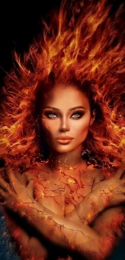 Vibrant art of a fiery woman with flames.