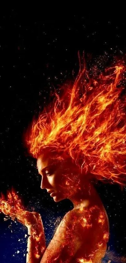 Fiery woman with flaming hair on a black background.