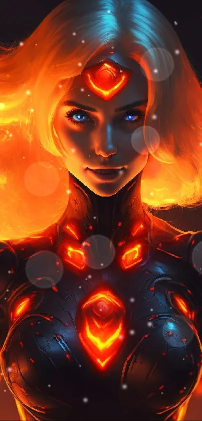 Fiery woman with glowing aura and vibrant colors in fantasy wallpaper.