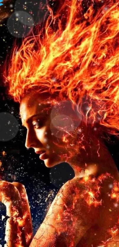 Fantasy wallpaper of a fiery woman with flames for hair.