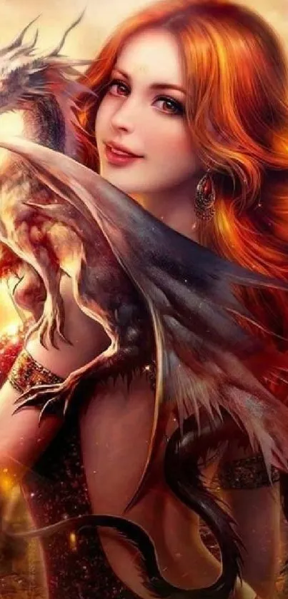 Fantasy art of fiery-haired woman with a dragon on her shoulder.