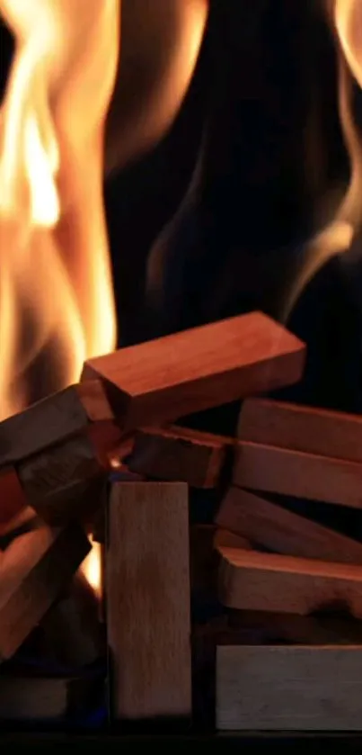 Dynamic mobile wallpaper showing fiery flames over wooden blocks.