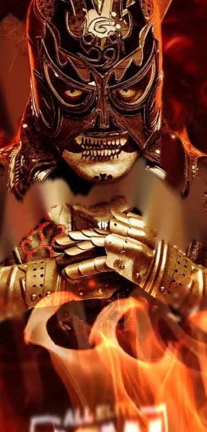 Masked wrestler with fiery background.