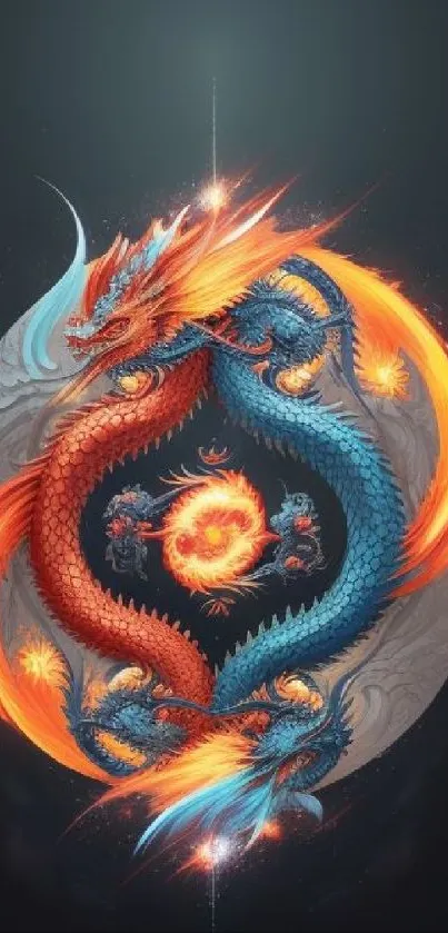 Intertwined fiery red and blue dragons forming a yin yang symbol.