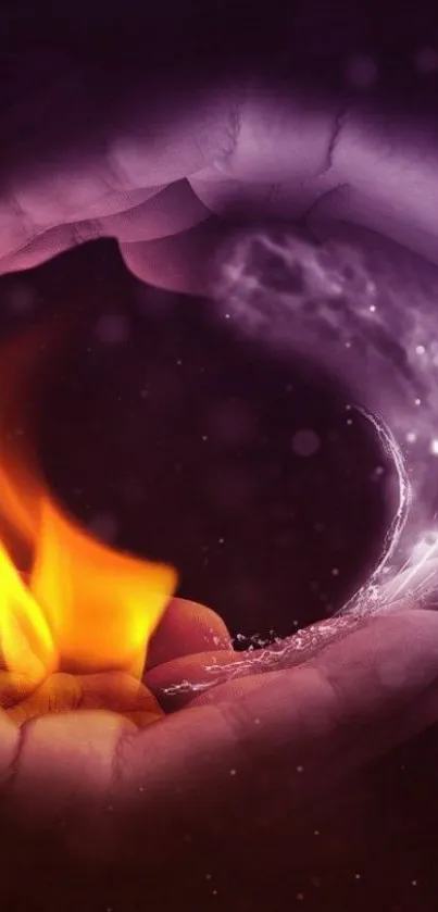 Yin yang wallpaper with fire and water elements in a mystical purple hue.